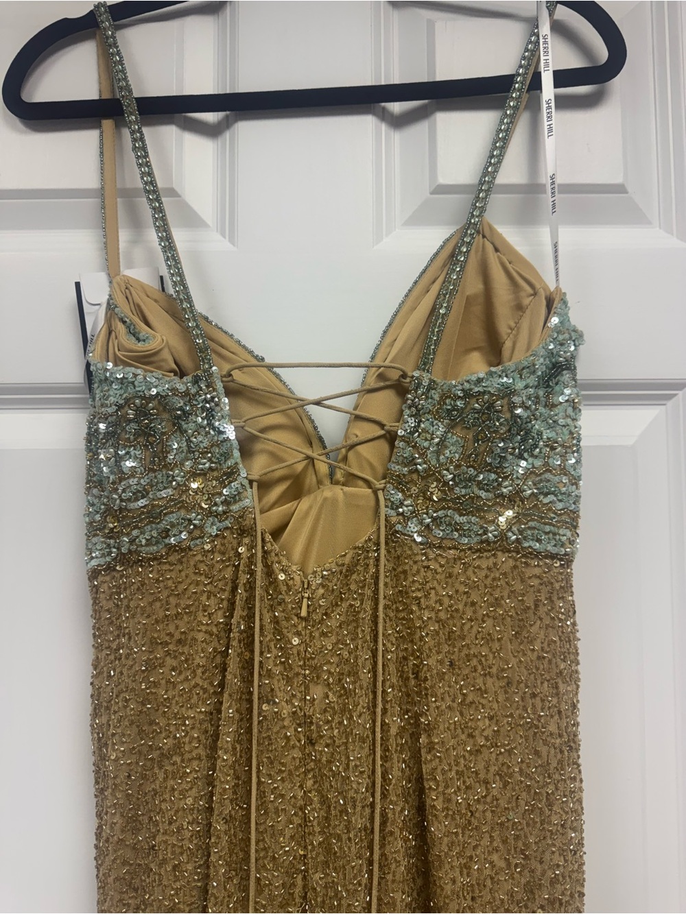 Sherri Hill Aqua Gold Red Carpet Goddess Gown NWT Size 16 - Picture 17 of 17